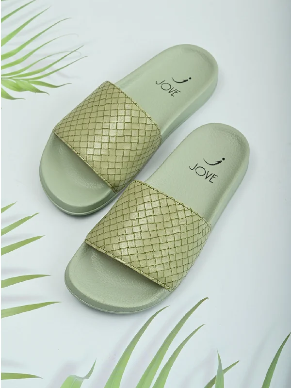 Women Green Woven Slides