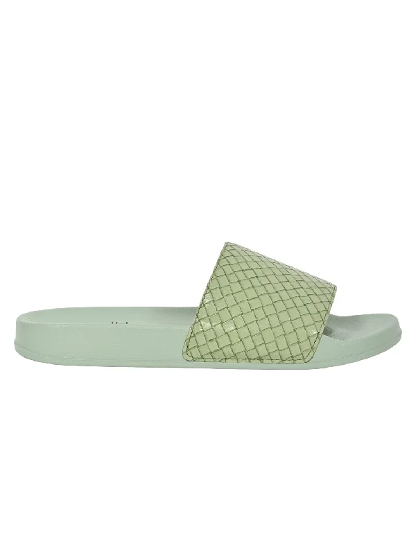 Women Green Woven Slides