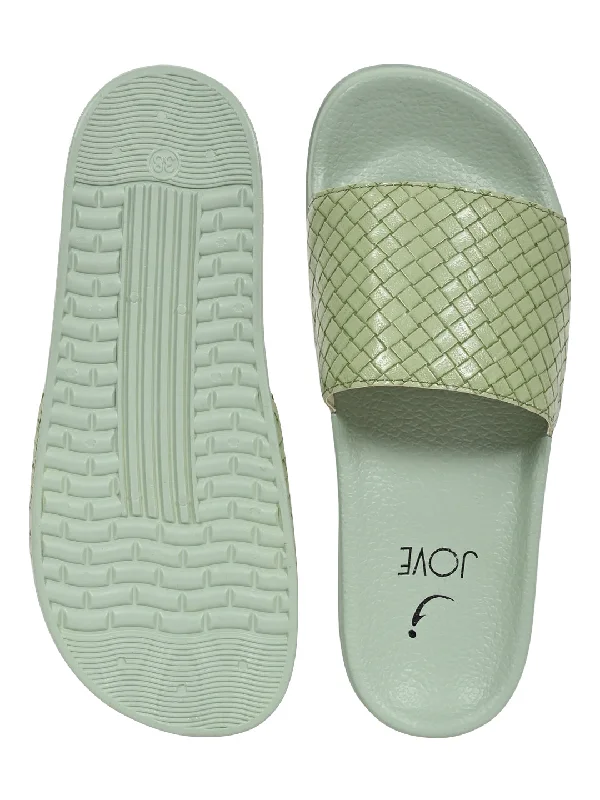 Women Green Woven Slides