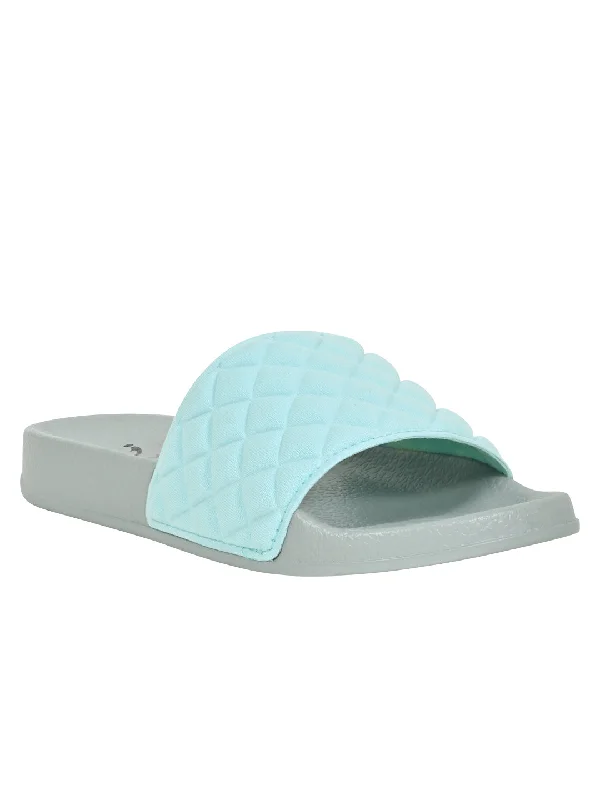 Women Aqua Checked Slides