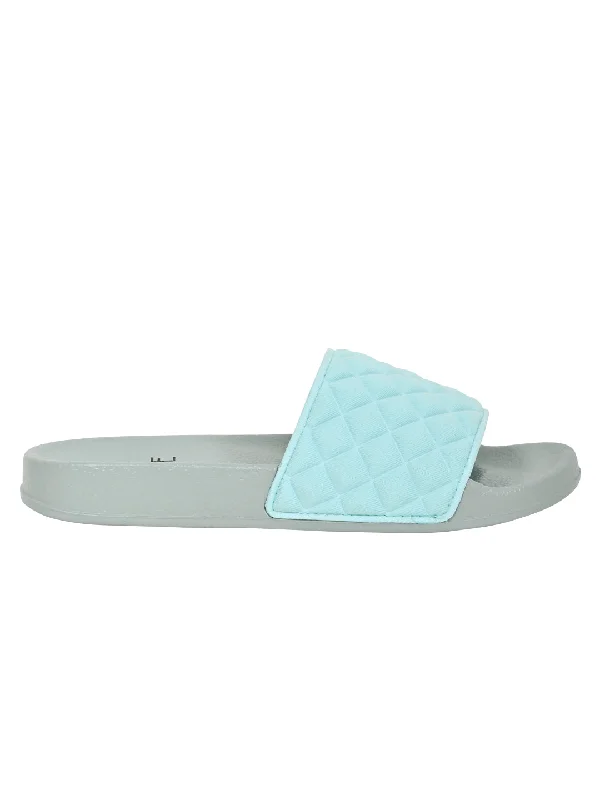 Women Aqua Checked Slides