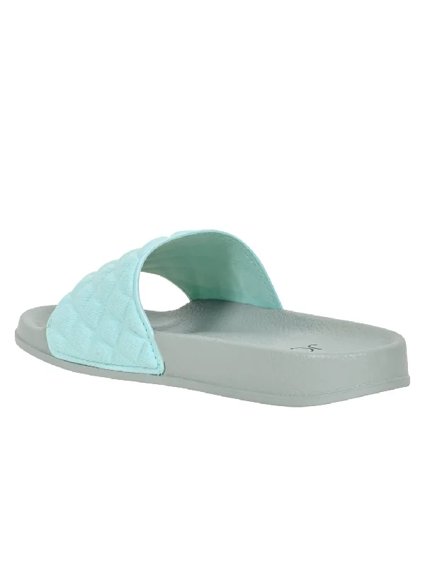 Women Aqua Checked Slides