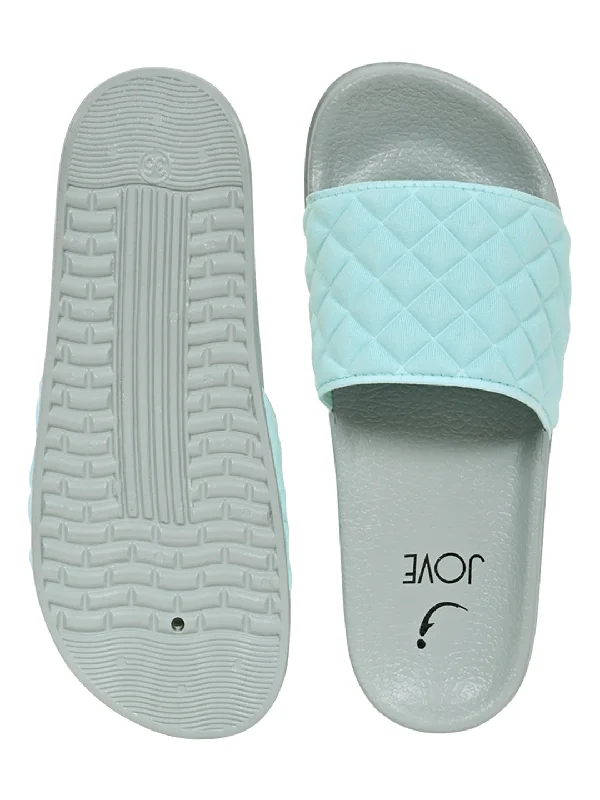 Women Aqua Checked Slides