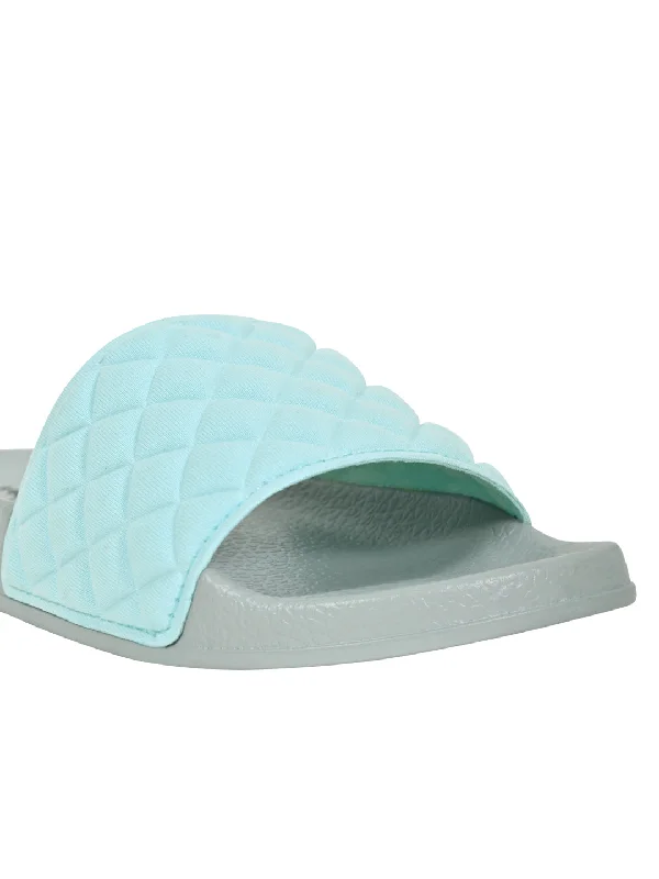 Women Aqua Checked Slides