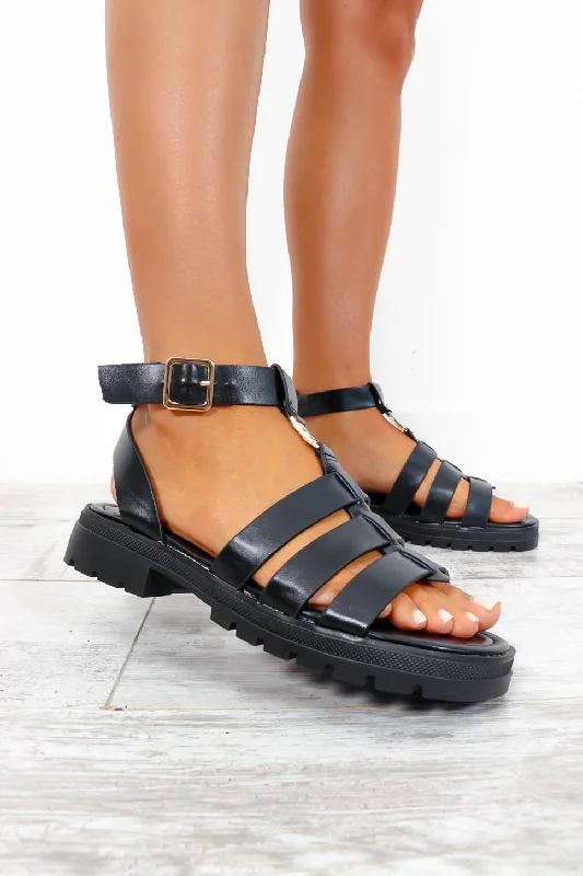 Pleather Weather - Black Faux Leather Sandals