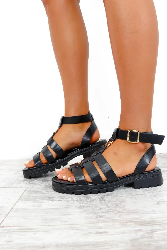 Pleather Weather - Black Faux Leather Sandals