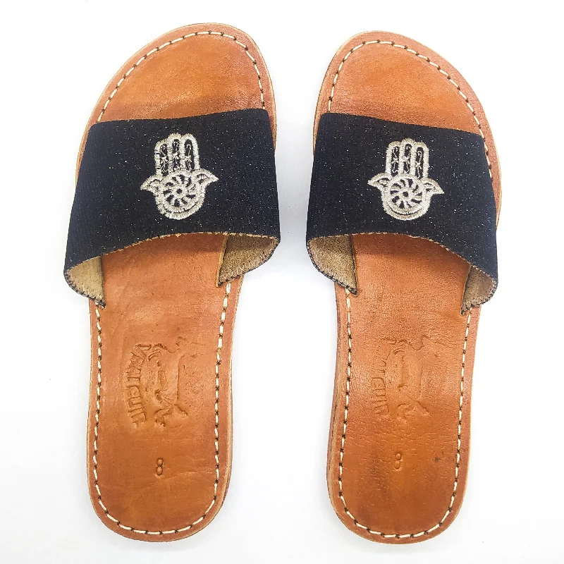 Real Leather Black Sandals with Hamsa Embroidered