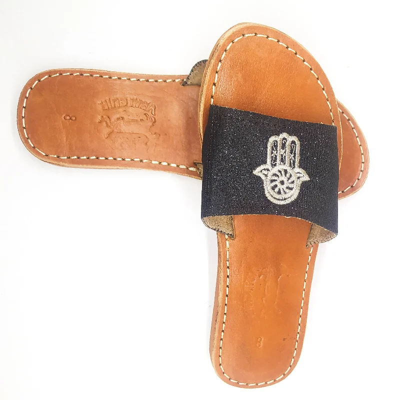 Real Leather Black Sandals with Hamsa Embroidered