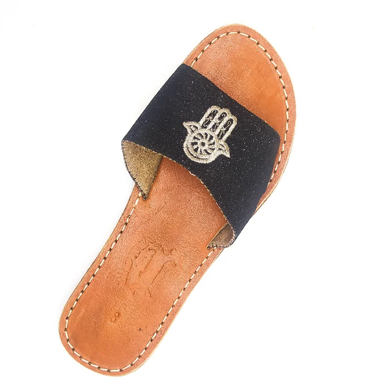 Real Leather Black Sandals with Hamsa Embroidered