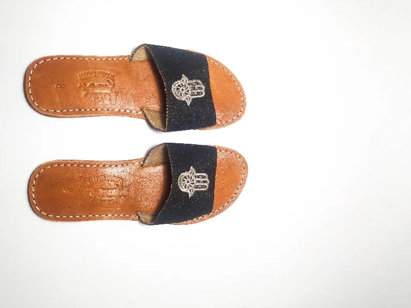 Real Leather Black Sandals with Hamsa Embroidered