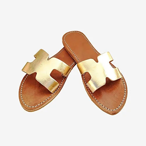 Real Leather H Shaped Gold Sandals