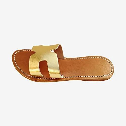 Real Leather H Shaped Gold Sandals