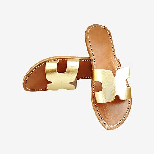 Real Leather H Shaped Gold Sandals