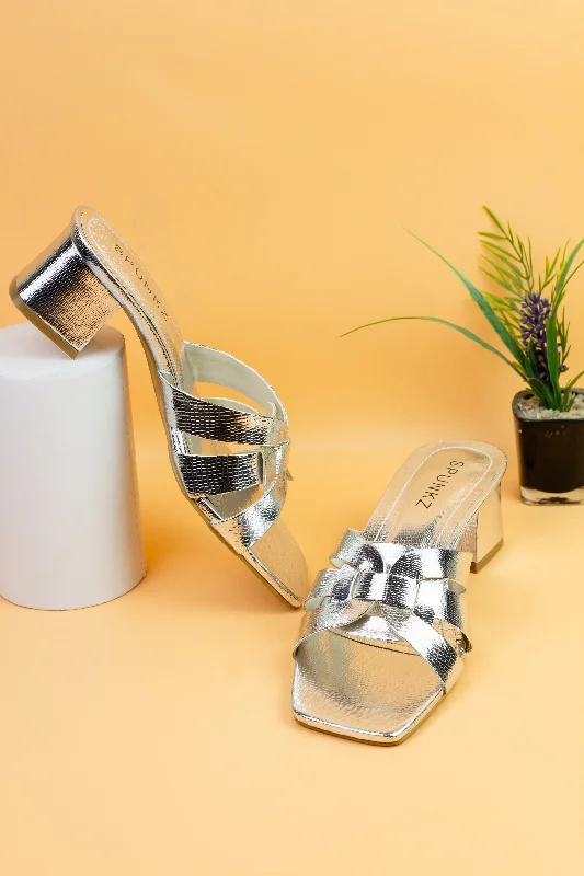 Spunkz Silver Criss-Cross Crocs Leather Block Heel Sandals