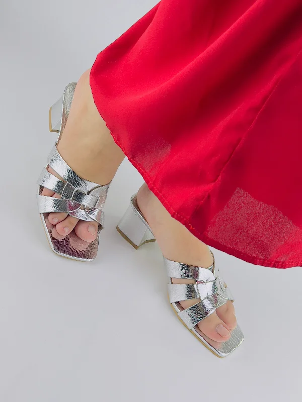 Spunkz Silver Criss-Cross Crocs Leather Block Heel Sandals