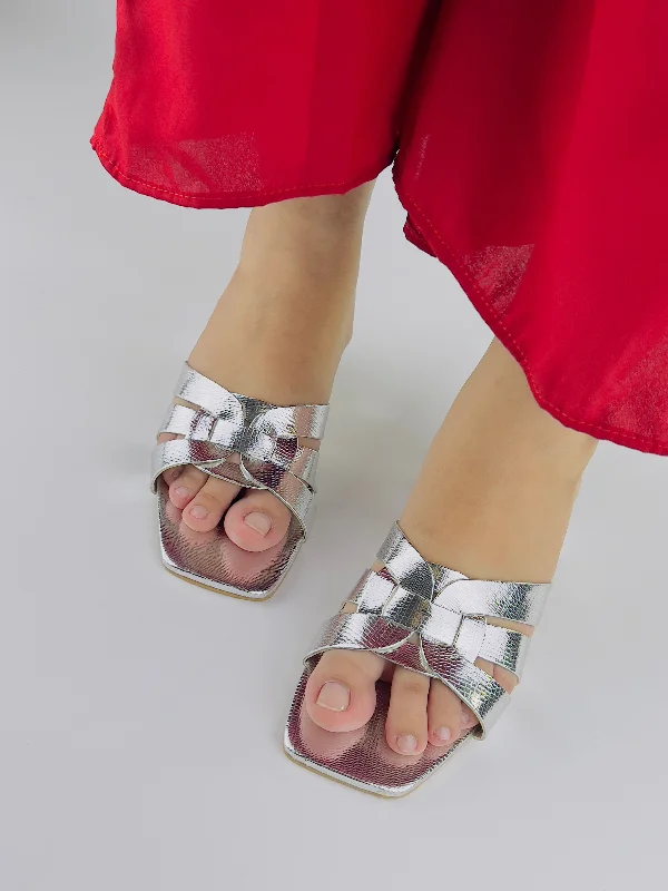 Spunkz Silver Criss-Cross Crocs Leather Block Heel Sandals