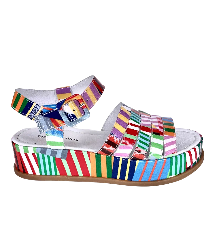 Django & Juliette WOLLIE Platform Sandal in Multi Stripe Patent Leather