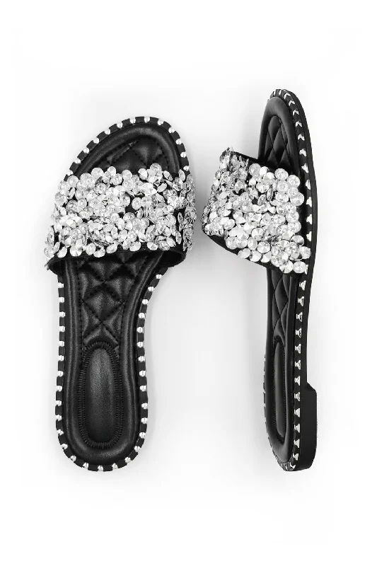 BELLE DIAMANTE SPARKLY FLAT SLIDERS IN BLACK