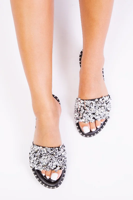 POPPY WIDE FIT DIAMANTE SPARKLY FLAT SLIDERS IN BLACK