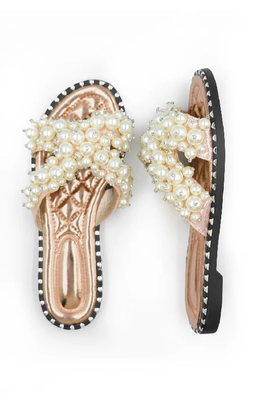 IONA WIDE FIT PEARL EMBELLLISHED FLAT SLIDER SANDALS IN ROSE GOLD