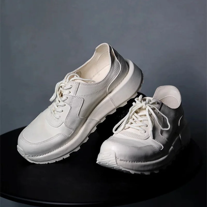 Horse Leather Derby Shoes For Women Retro Lace Up Platform Sneakers in White/Gray