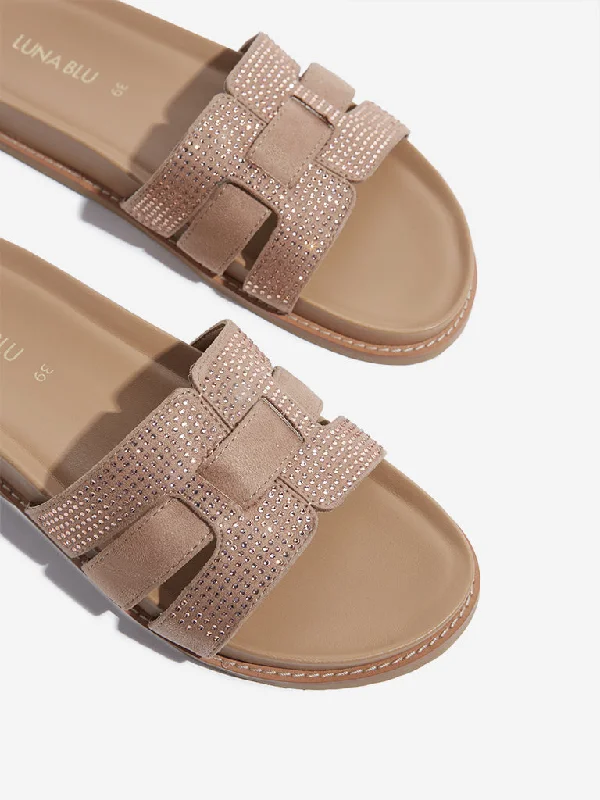 LUNA BLU Beige Embellished Multi-Strap Slides