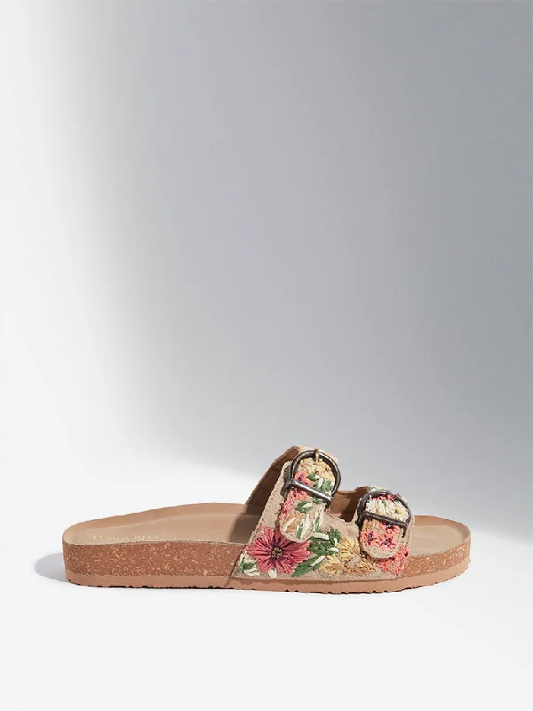 LUNA BLU Beige Floral Embroidered Double Band Sandals