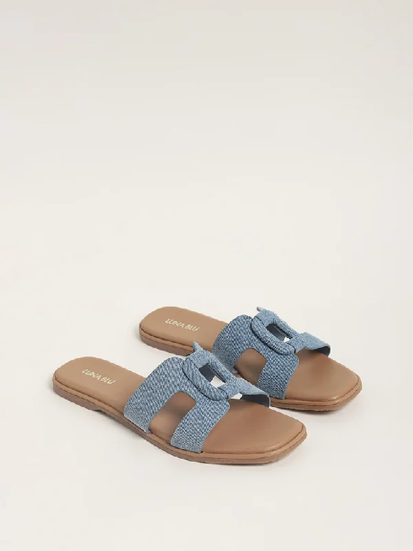 LUNA BLU Cut-Out Cage Buckle Denim Blue Sandals