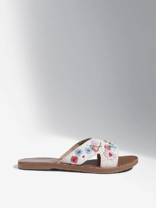 LUNA BLU Multicolour Floral Embroidered Raffia Slides