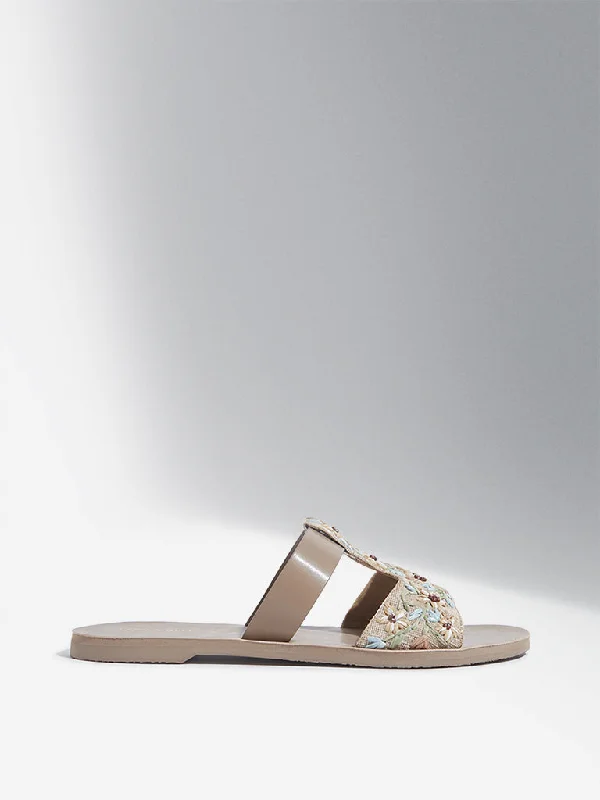 LUNA BLU Nude Embellished T-Strap Slides