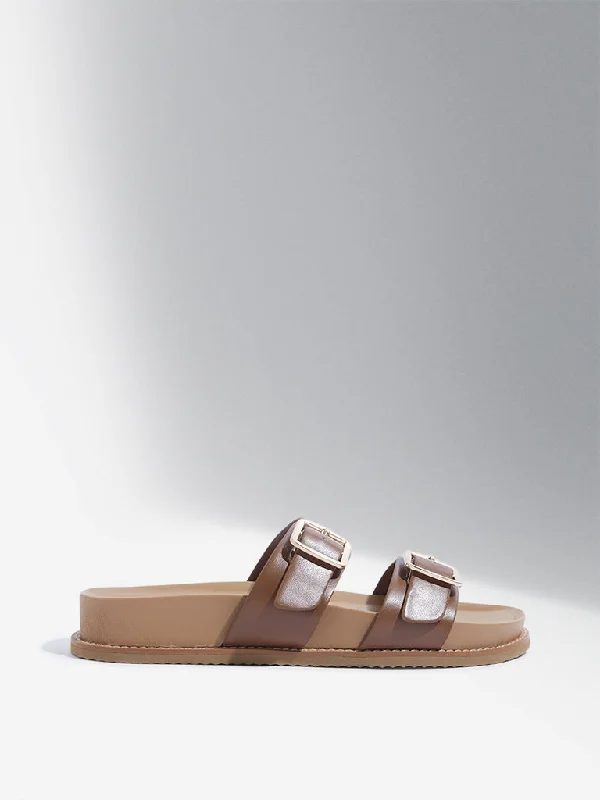 LUNA BLU Tan Buckle-Detailed Slip-On Sandals