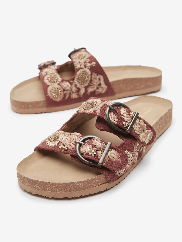 LUNA BLU Tan Floral Embroidered Slip-On Sandals