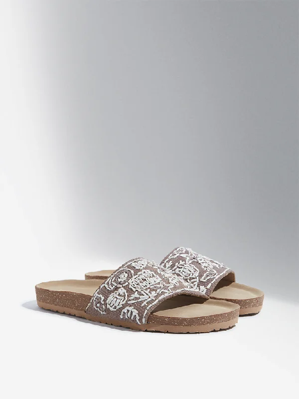 LUNA BLU Taupe Seashell Embroidered Slides