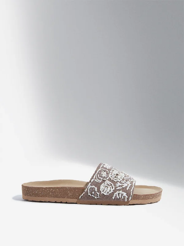 LUNA BLU Taupe Seashell Embroidered Slides