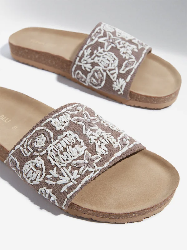 LUNA BLU Taupe Seashell Embroidered Slides