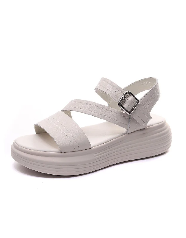 Thick Heel Cut-out Retro White Sandals