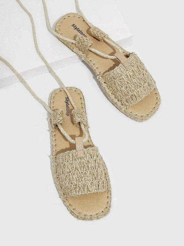 Woman Shoes Leisure Vacation Strappy Espadrille Tie Leg Design Khaki Flat Sandals For Summer Vacation Shoes Summer Sale Boho Feels Back To School Shoes College Student Shoes