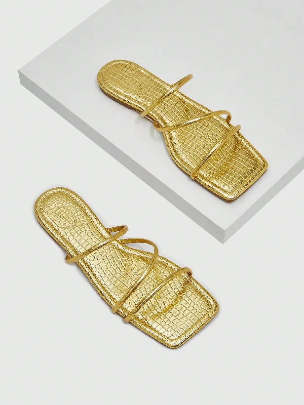 CUCCOO SZL Woman Shoes Crocodile Embossed Slides, Glamorous Artificial Leather Flat Sandals For Summer Vacation Shoes Summer Sale